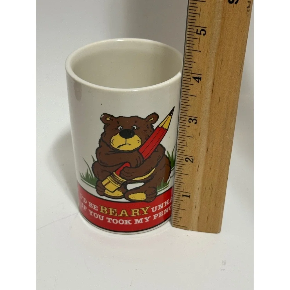 Vintage CDF Beary Unhappy Bear Ceramic Pencil Cup Holder Desk Organizer Taiwan